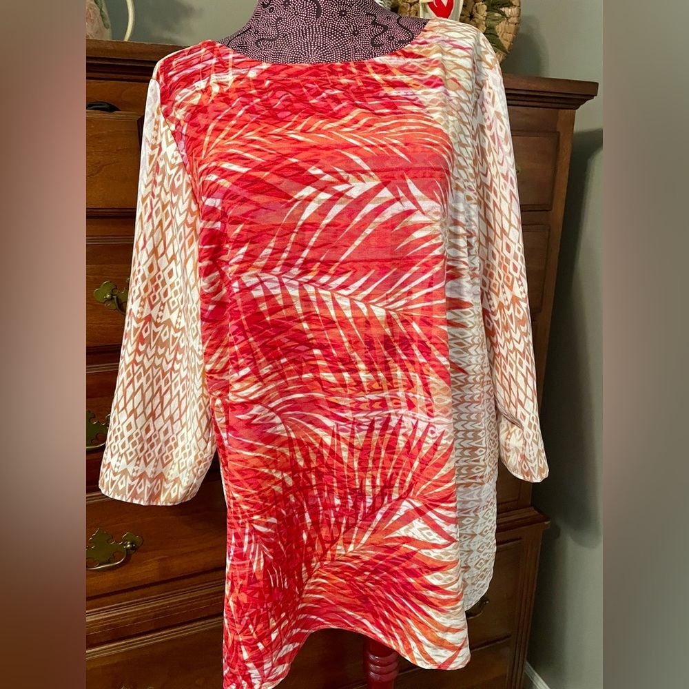 Bob Mackie Wearable Art Tunic 3/4 Sleeve Tropical Print Blouse Size Large